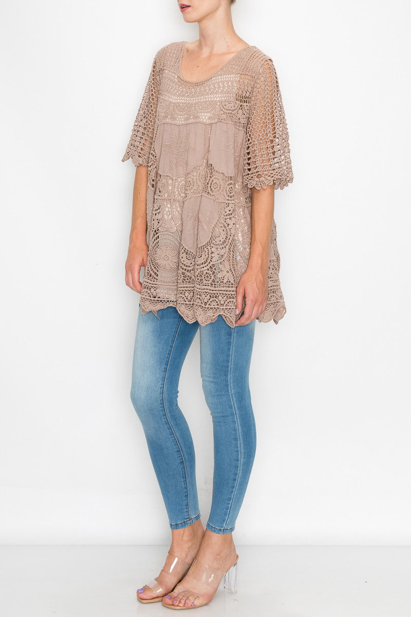 Rowen Crochet Lace Bohemian Tunic Top in Taupe