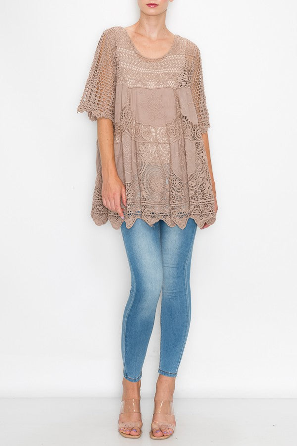 Rowen Crochet Lace Bohemian Tunic Top in Taupe