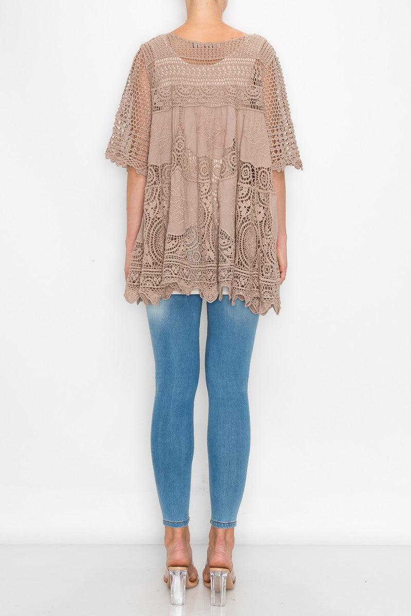 Rowen Crochet Lace Bohemian Tunic Top in Taupe