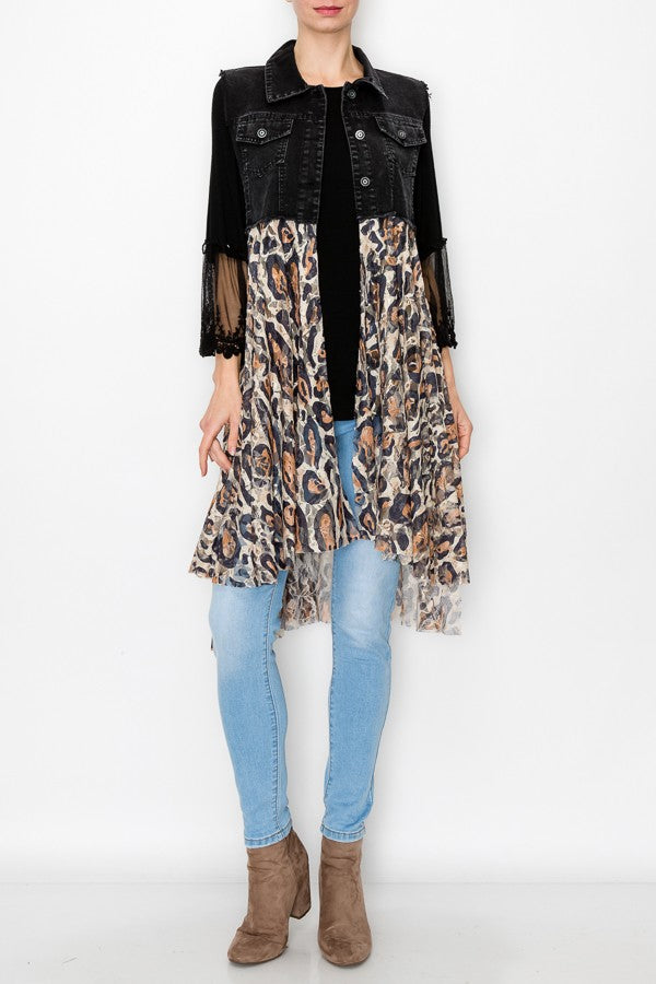 Deidre Denim Vest Boho Lace Hem in Black Leopard