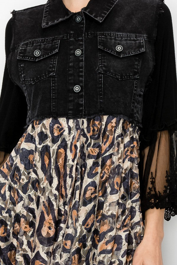 Deidre Denim Vest Boho Lace Hem in Black Leopard
