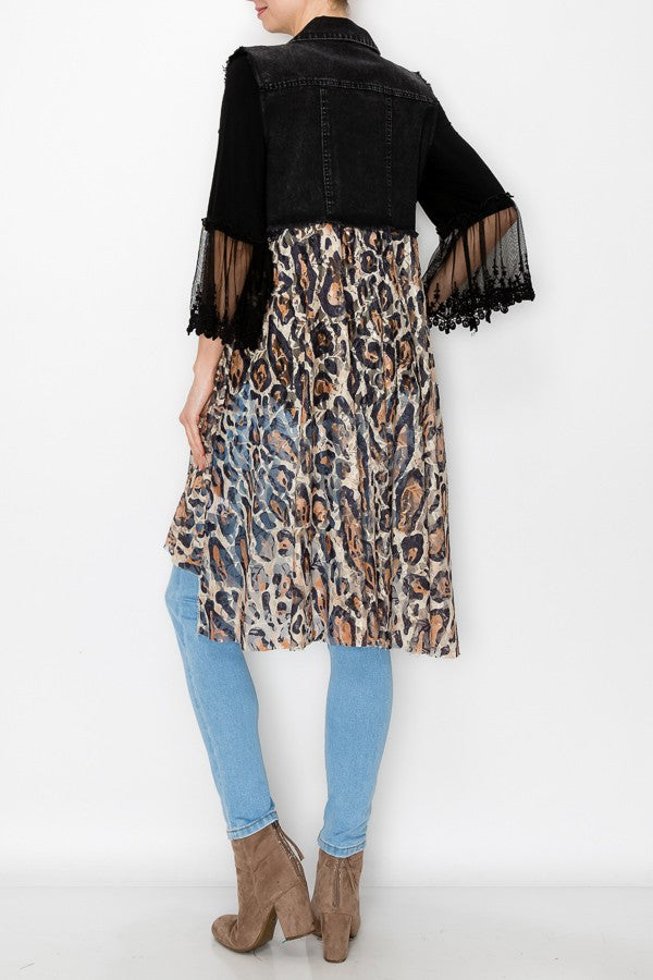 Deidre Denim Vest Boho Lace Hem in Black Leopard