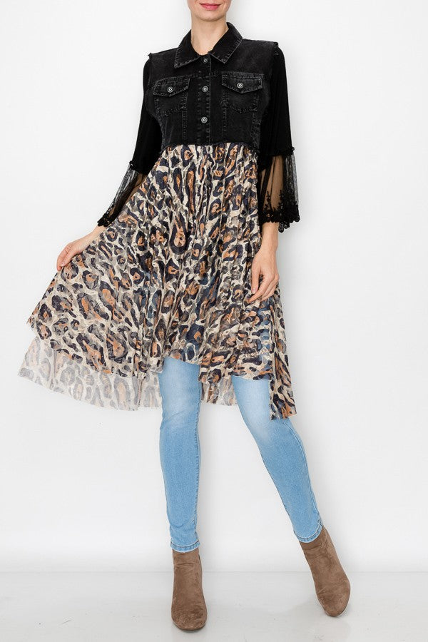 Deidre Denim Vest Boho Lace Hem in Black Leopard