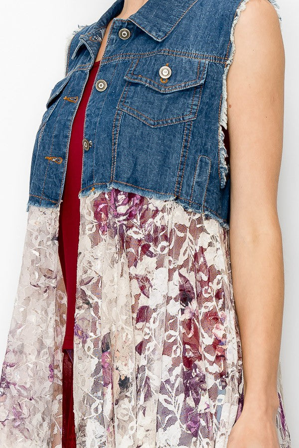 Deidre Blue Denim Vest Boho Lace Hem in Pink Rose