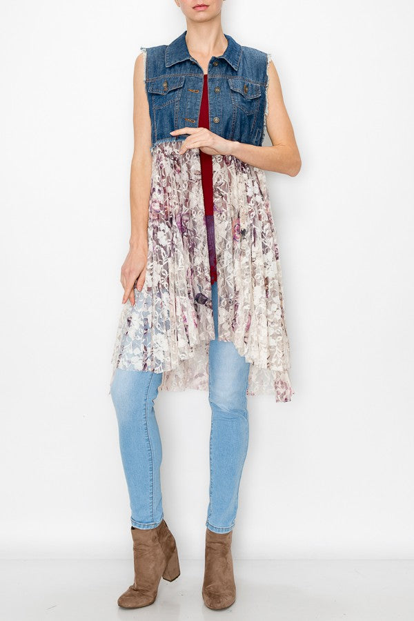 Deidre Blue Denim Vest Boho Lace Hem in Pink Rose