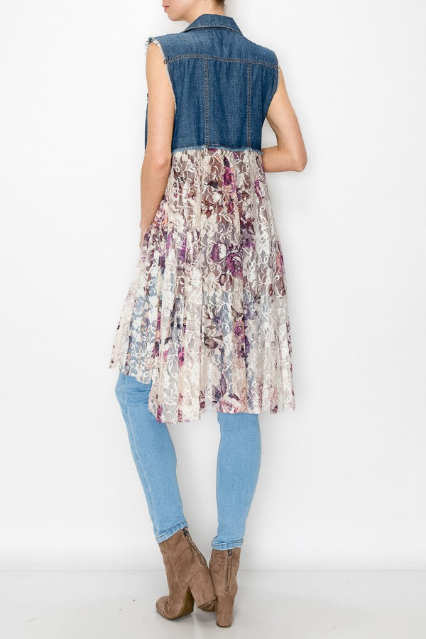Deidre Blue Denim Vest Boho Lace Hem in Pink Rose