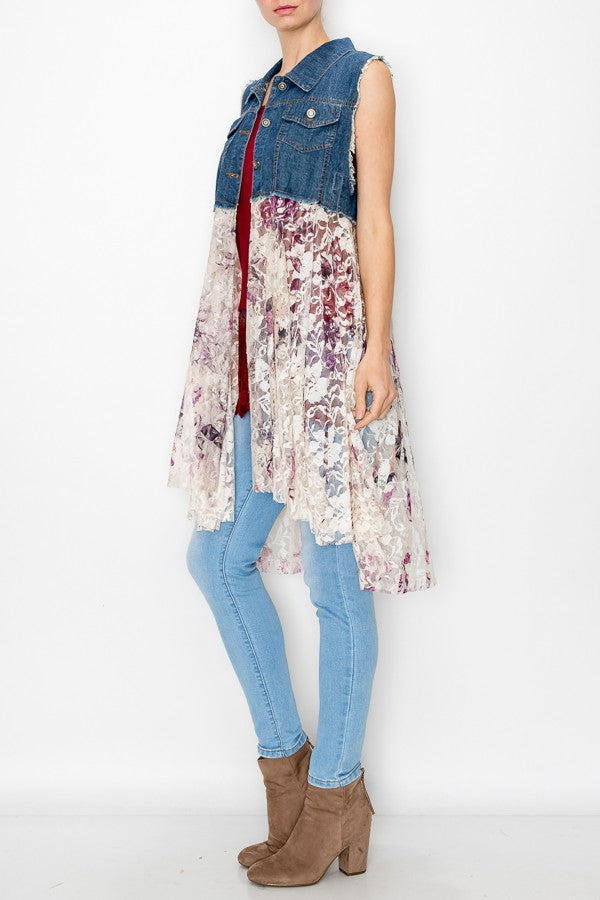 Deidre Blue Denim Vest Boho Lace Hem in Pink Rose