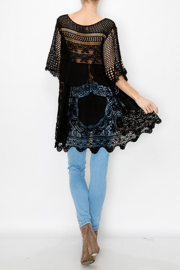 Rowen Crochet Lace Bohemian Tunic Top in Black