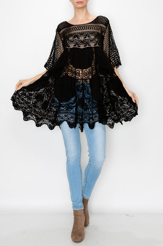 Rowen Crochet Lace Bohemian Tunic Top in Black