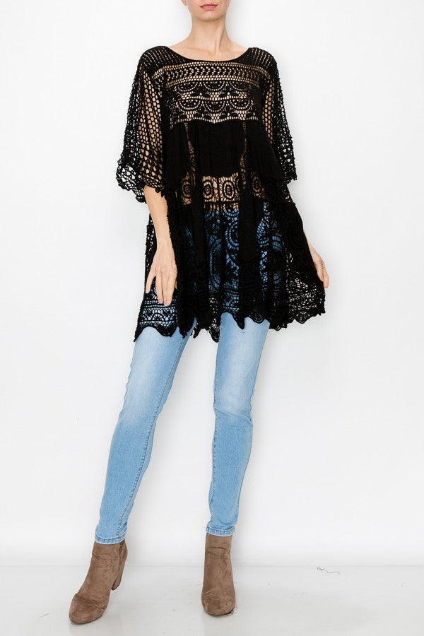 Rowen Crochet Lace Bohemian Tunic Top in Black