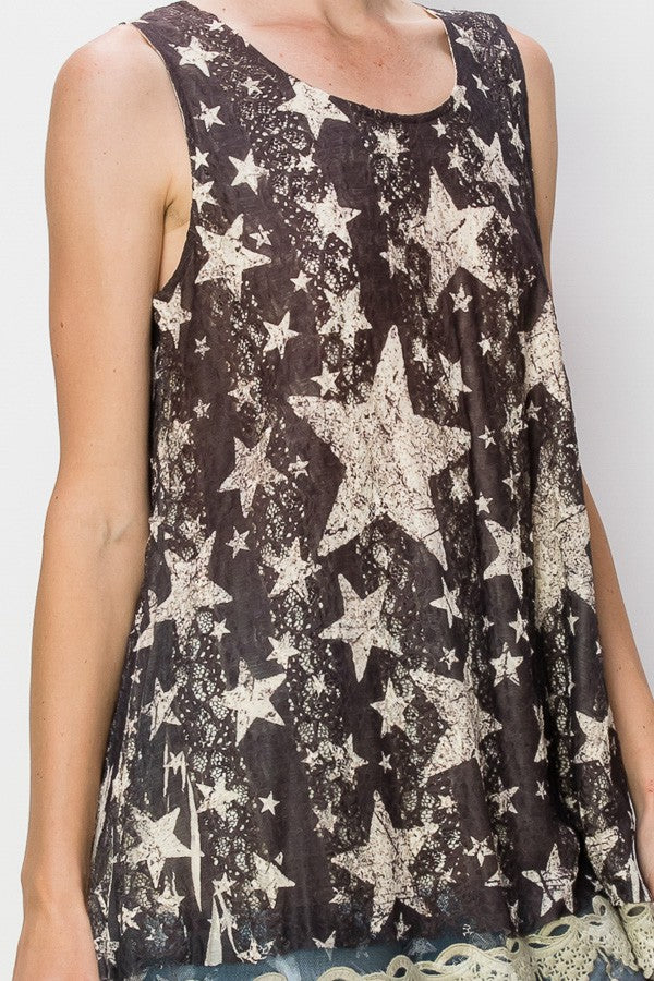 Lola Lined Lace Detail Hi-Lo Tank Top in Black Star