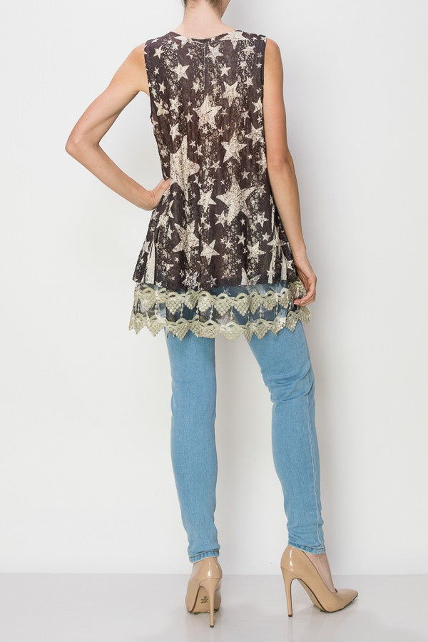 Lola Lined Lace Detail Hi-Lo Tank Top in Black Star