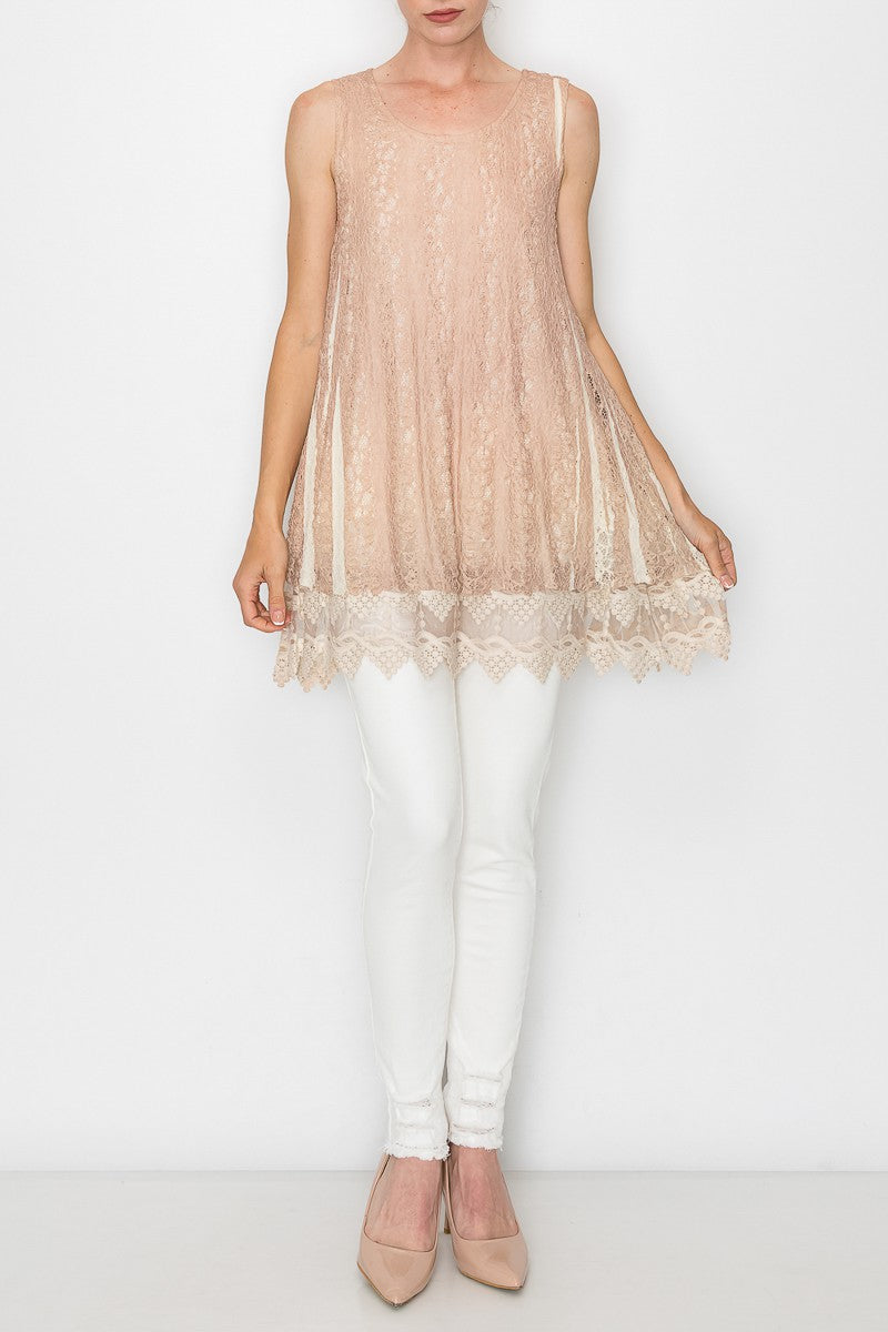 Lola Lined Lace Detail Hi-Lo Tank Top in Taupe