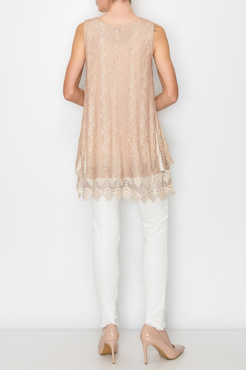 Lola Lined Lace Detail Hi-Lo Tank Top in Taupe