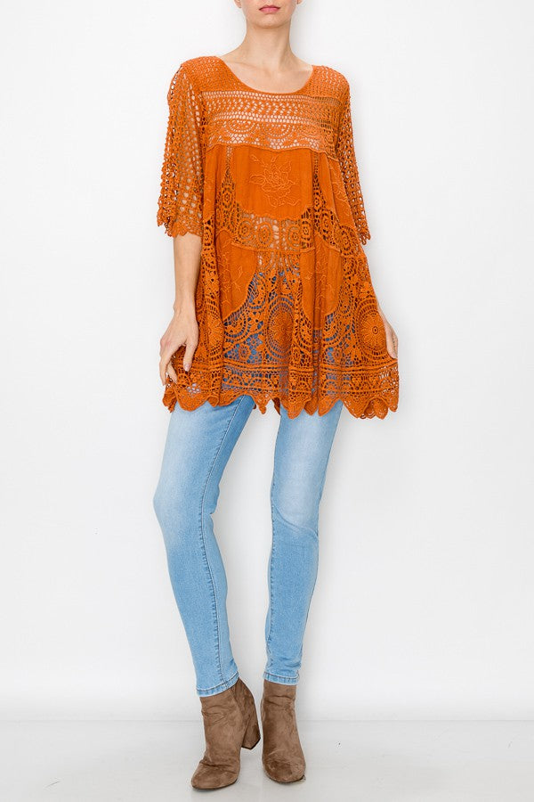 Rowen Crochet Lace Bohemian Tunic Top in Rust