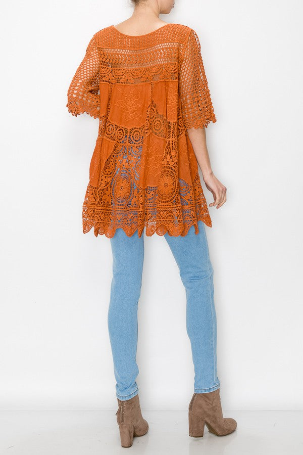 Rowen Crochet Lace Bohemian Tunic Top in Rust
