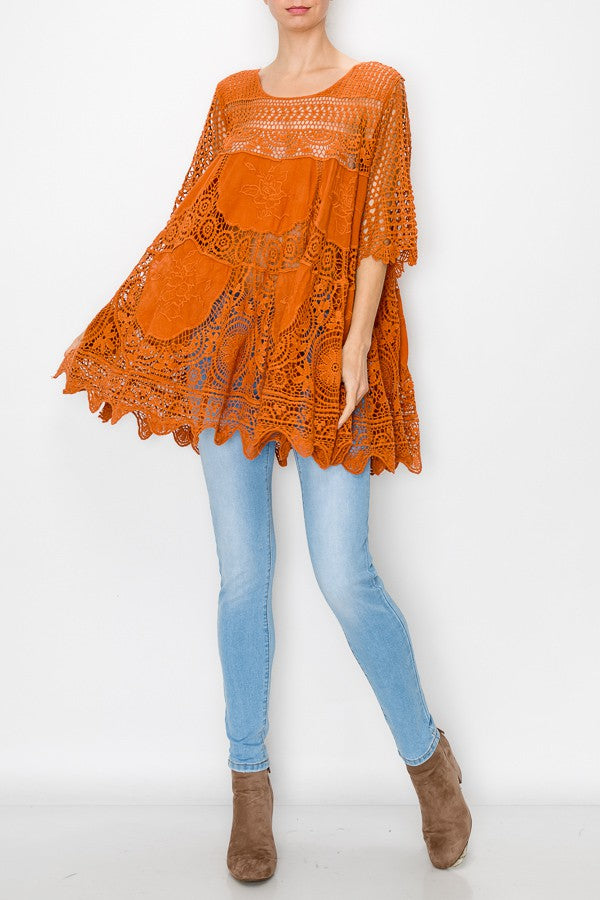 Rowen Crochet Lace Bohemian Tunic Top in Rust