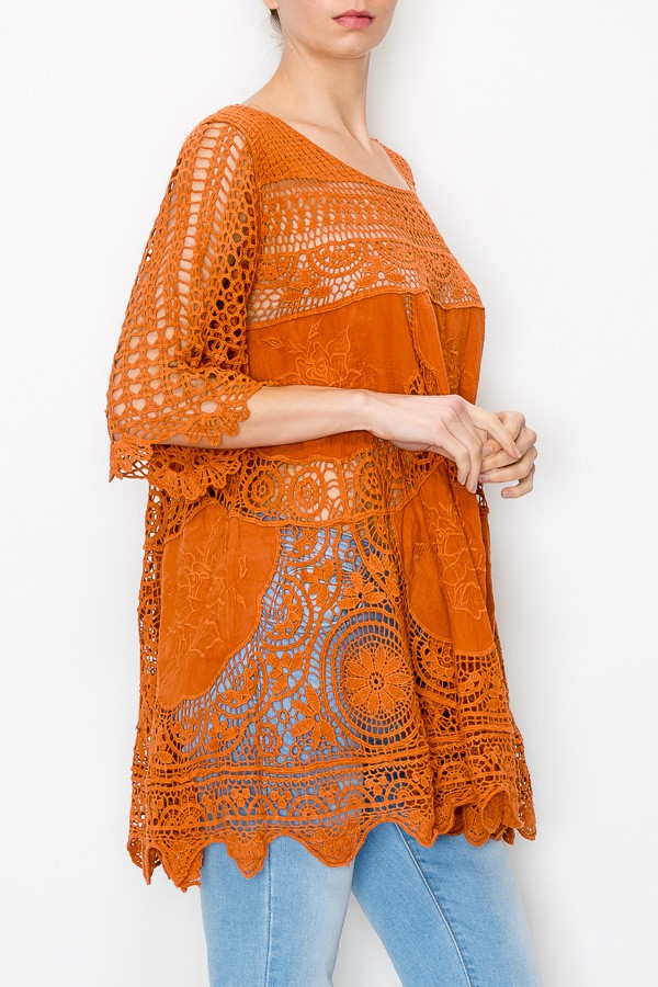 Rowen Crochet Lace Bohemian Tunic Top in Rust
