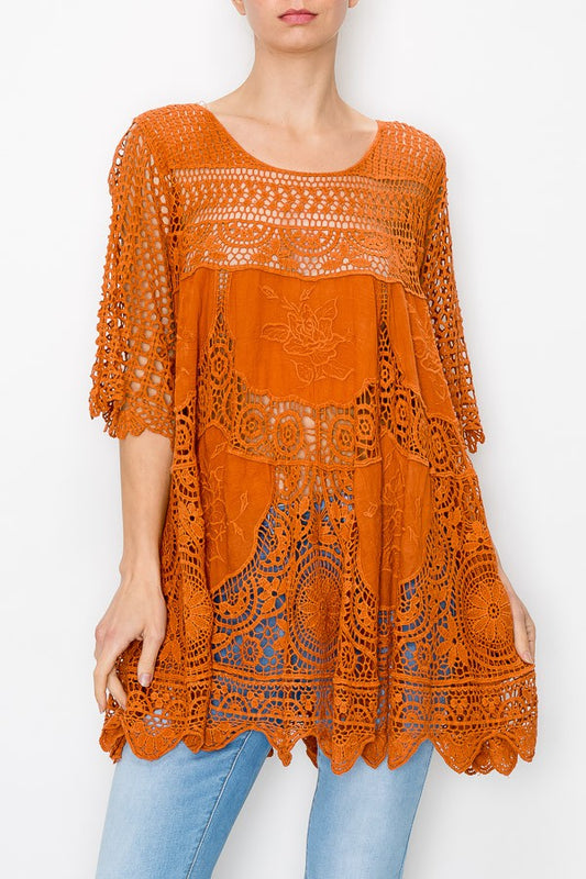 Rowen Crochet Lace Bohemian Tunic Top in Rust