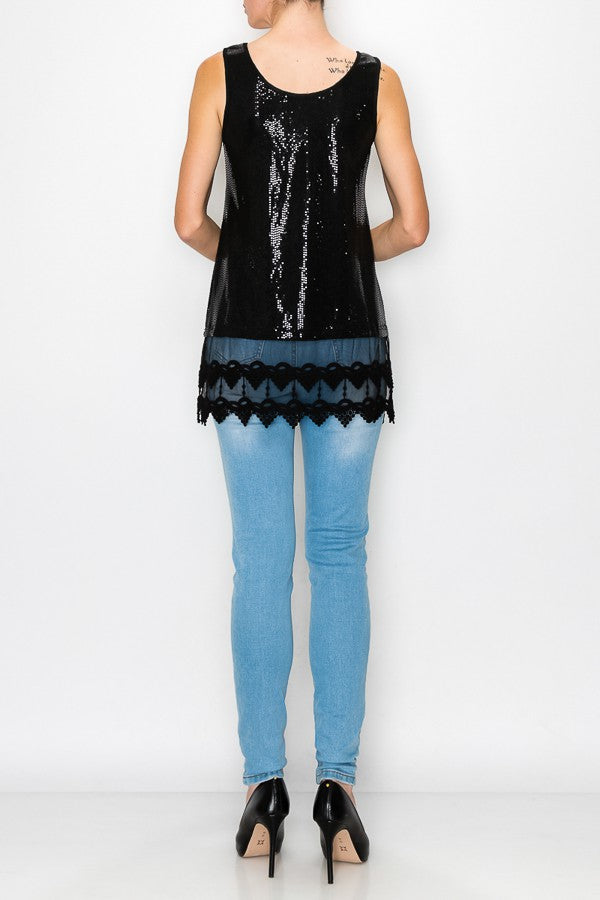 Zerah Sparkle Lace Extended Length Tank Top in Black