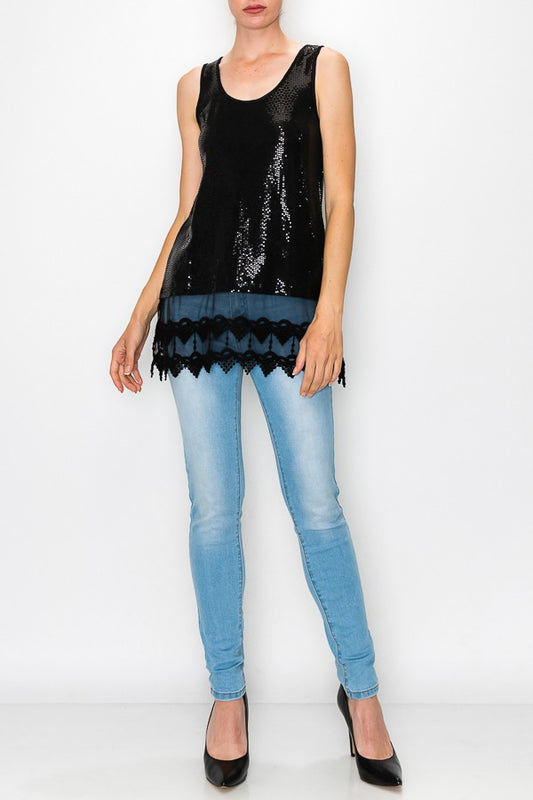 Zerah Sparkle Lace Extended Length Tank Top in Black