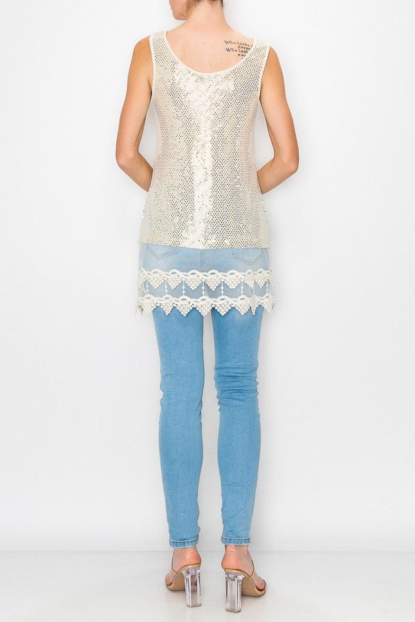 Zerah Sparkle Lace Extended Length Tank Top in Beige