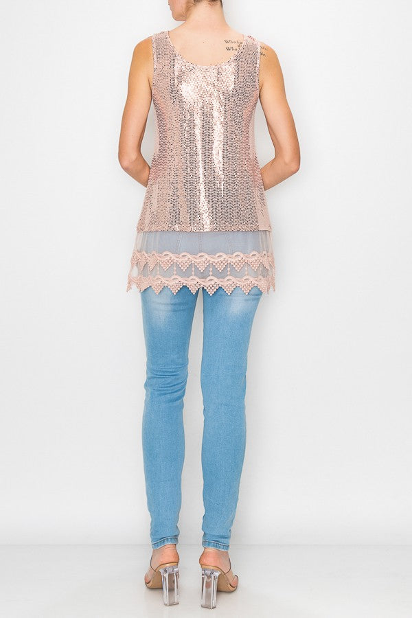 Zerah Sparkle Lace Extended Length Tank Top in Pink