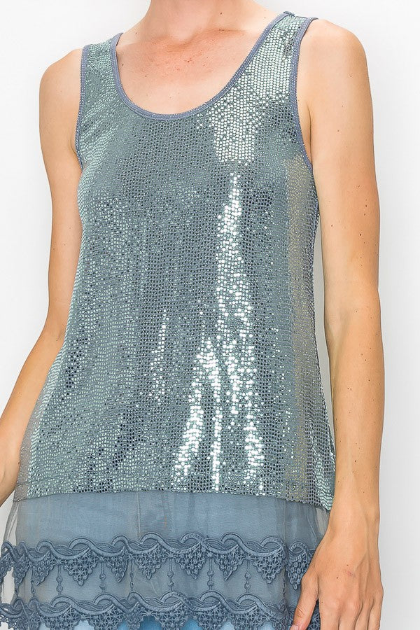 Zerah Sparkle Lace Extended Length Tank Top in Blue