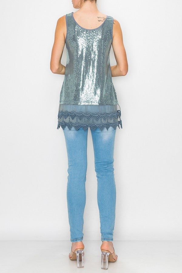 Zerah Sparkle Lace Extended Length Tank Top in Blue