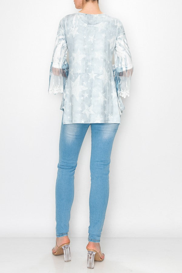 Olivia Star Printed Lace Bell Sleeved Tunic Top In Blue
