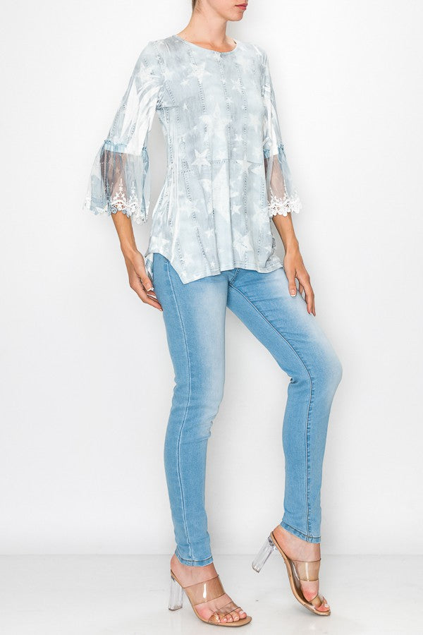 Olivia Star Printed Lace Bell Sleeved Tunic Top In Blue