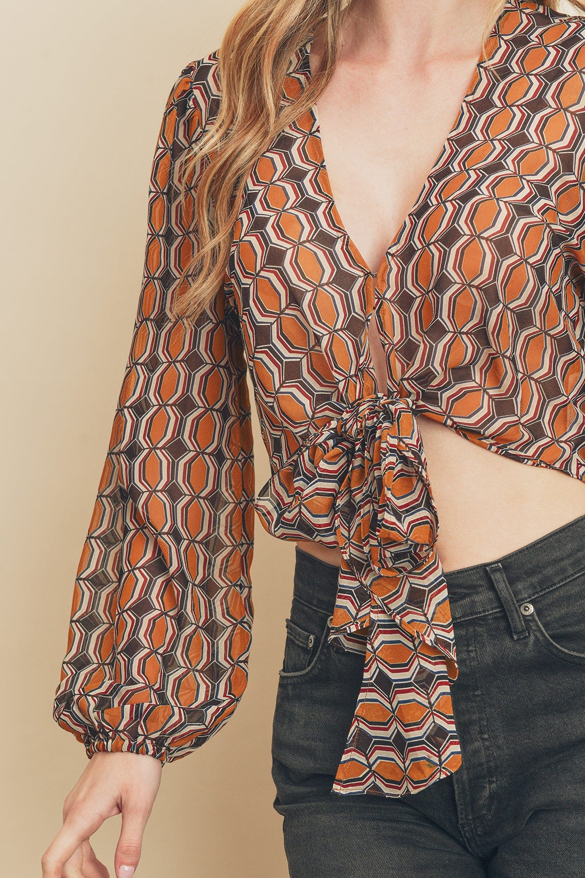 Retro Rally Tie Front Cropped Top Blouse