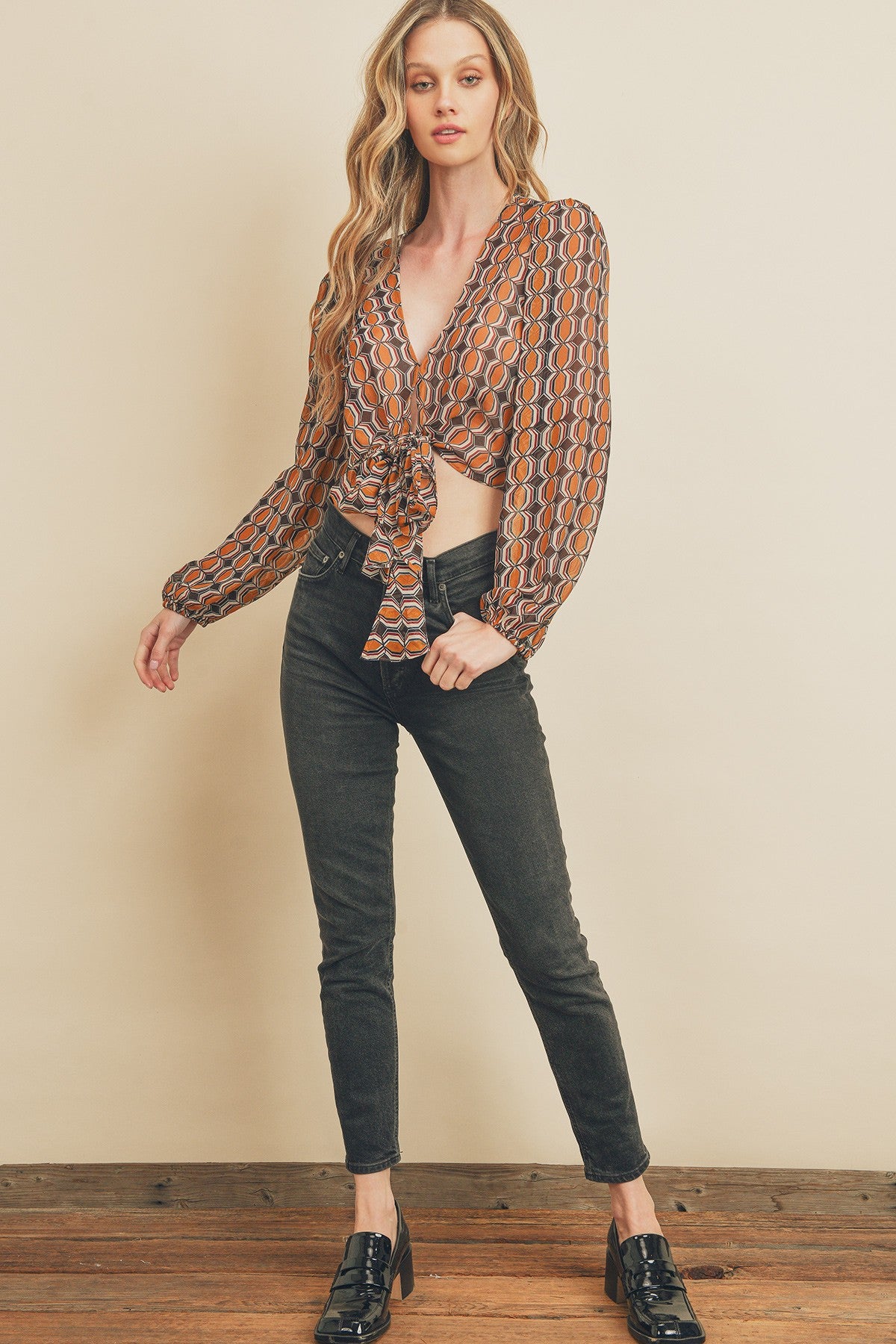 Retro Rally Tie Front Cropped Top Blouse