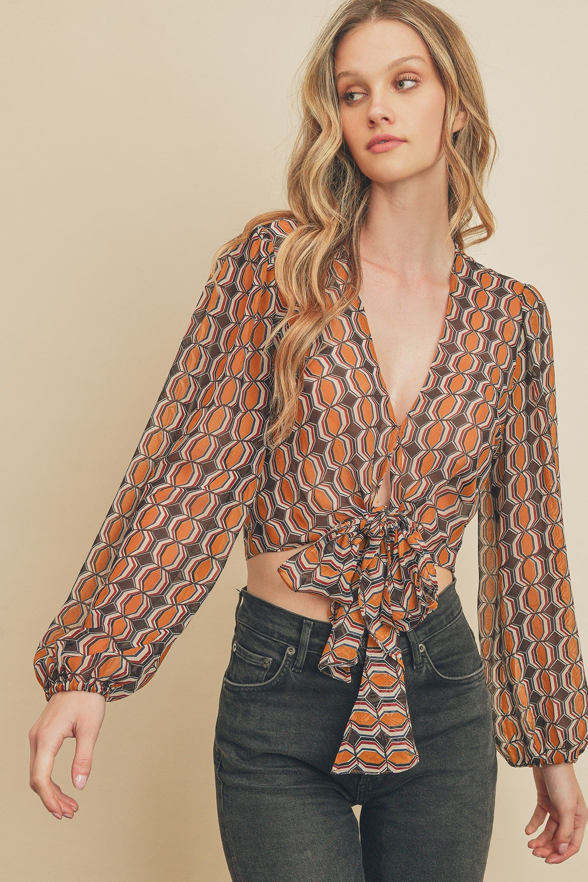 Retro Rally Tie Front Cropped Top Blouse