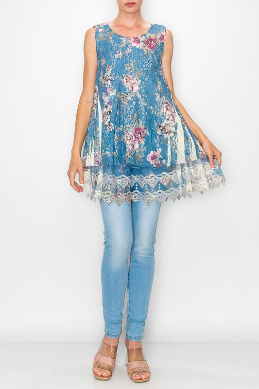 Lola Lined Lace Detail Hi-Lo Tank Top in Blue Floral