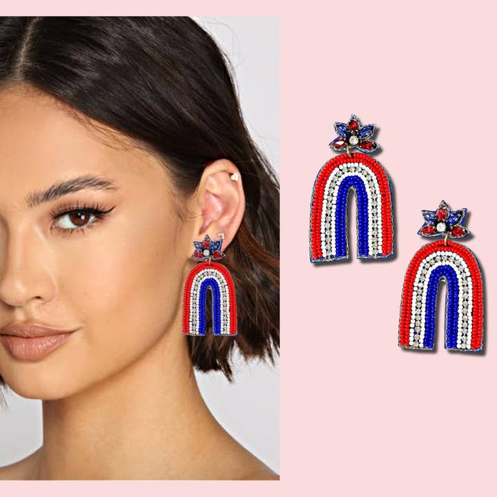 4th of July Patriotic American Rainbow Beaded Earrings