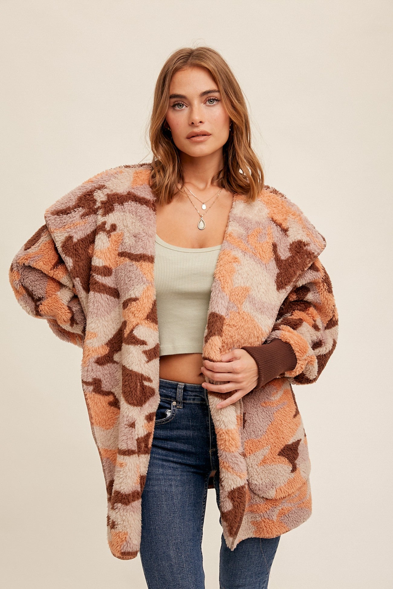 Casually Camo Apricot Sherpa Teddy Jacket