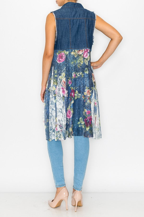 Deidre Denim Vest Boho Hem in Blue Rose