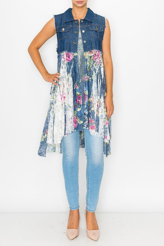 Deidre Denim Vest Boho Hem in Blue Rose