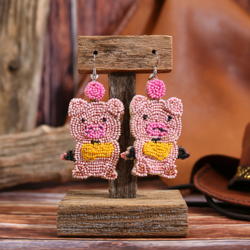 Polka Dot Bandana Pig Beaded Earrings