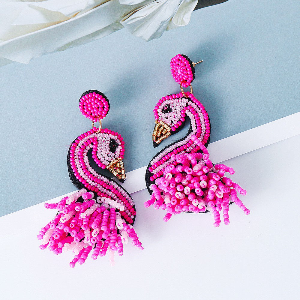 Pink Flamingo Tropical Bird Beaded Earrings
