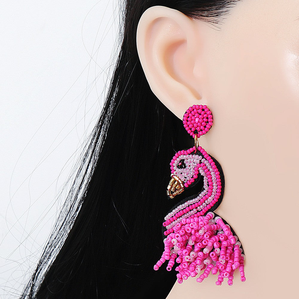 Pink Flamingo Tropical Bird Beaded Earrings