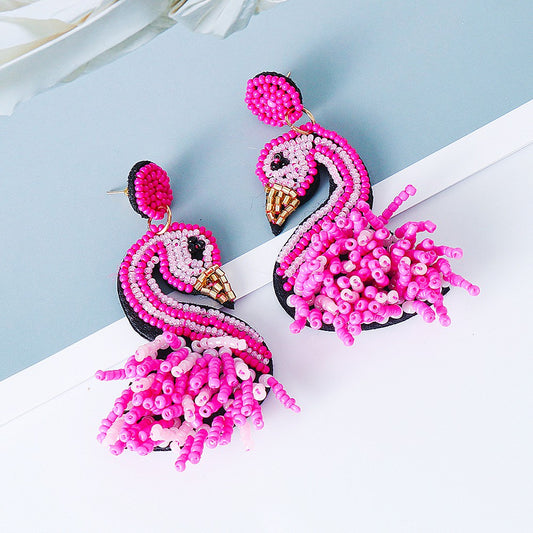 Pink Flamingo Tropical Bird Beaded Earrings