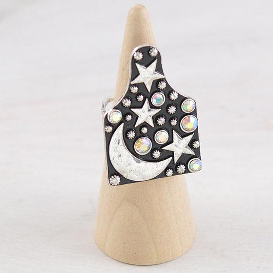 Starry Night Silver Moon Cuff Ring