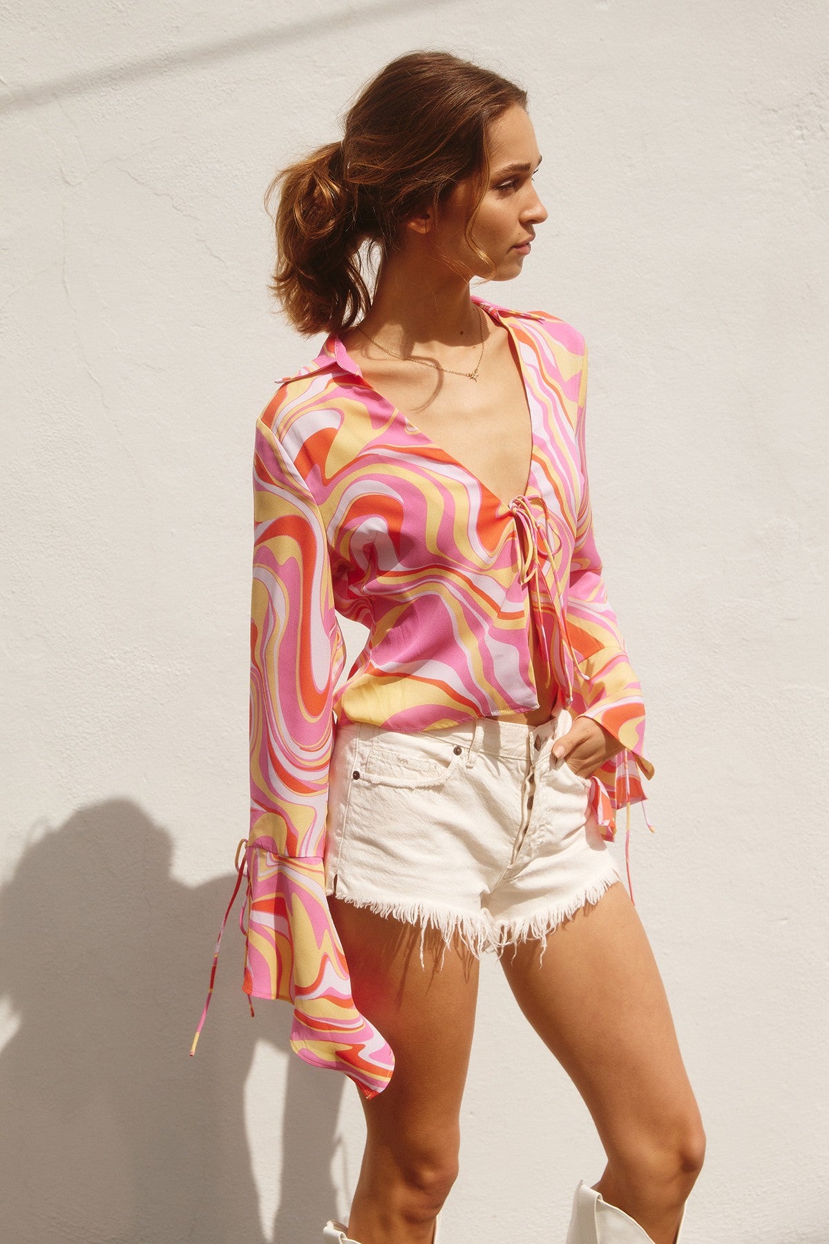 Strawberry Sorbet Bell Sleeve Tie Top