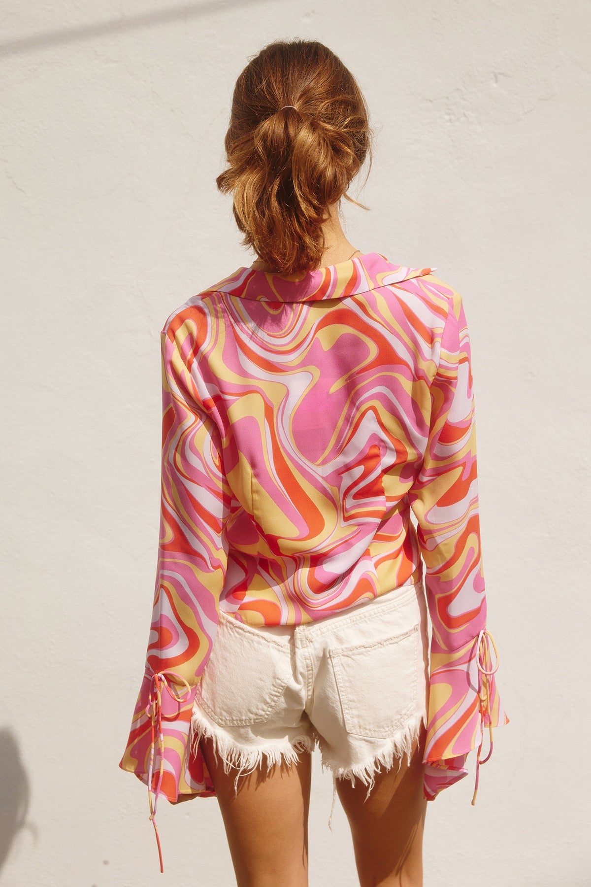 Strawberry Sorbet Bell Sleeve Tie Top