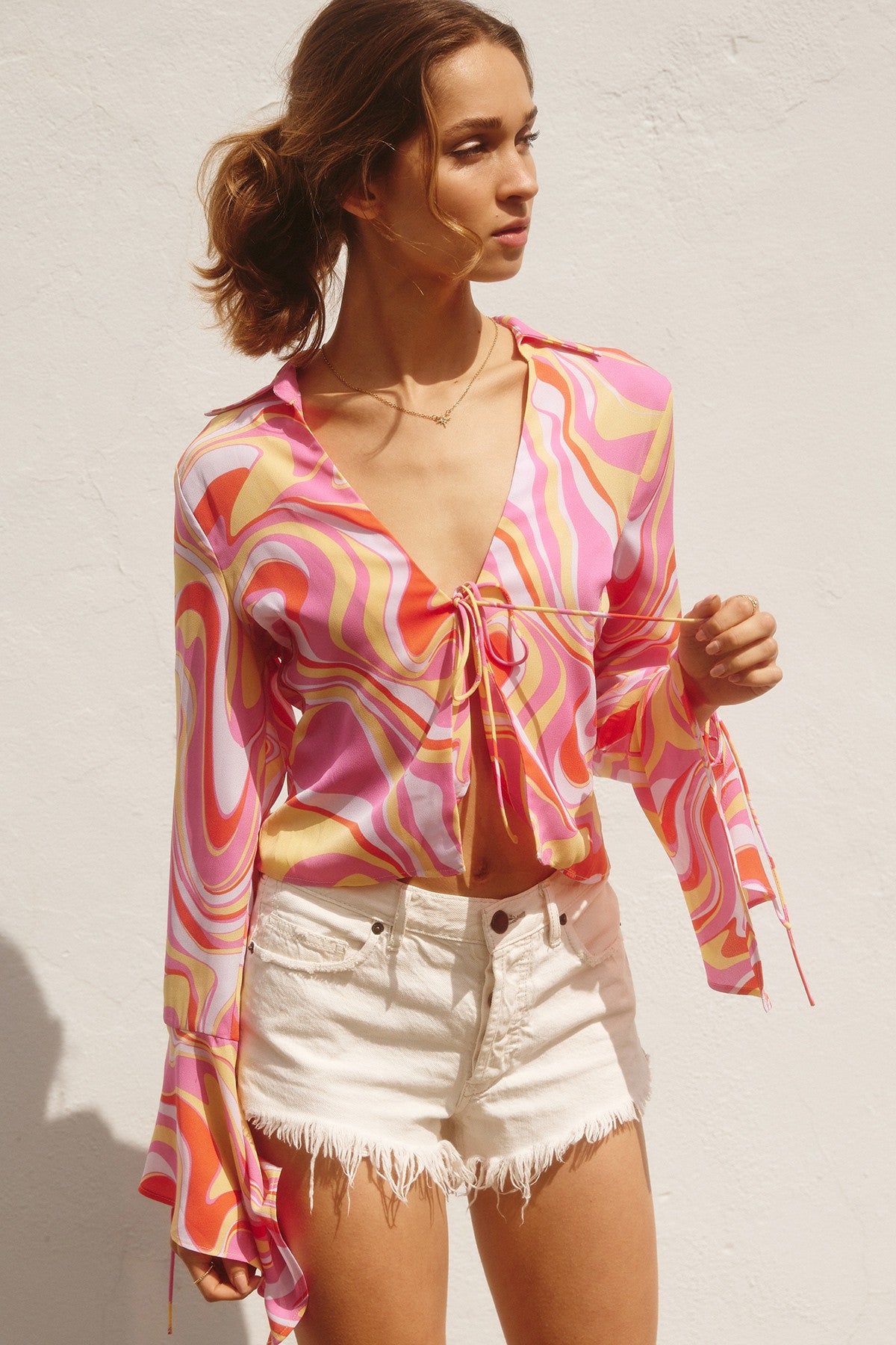 Strawberry Sorbet Bell Sleeve Tie Top