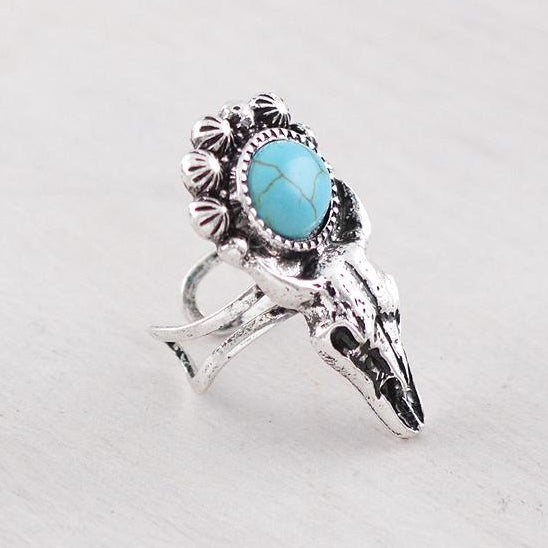 Western Cow Skull Silver Cuff Ring