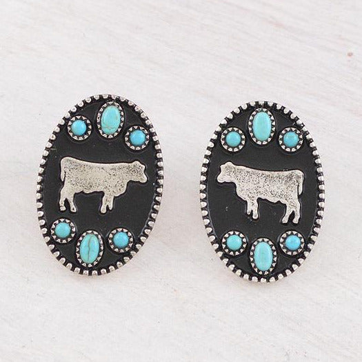 Western Style Turquoise Silver Cow Earrings