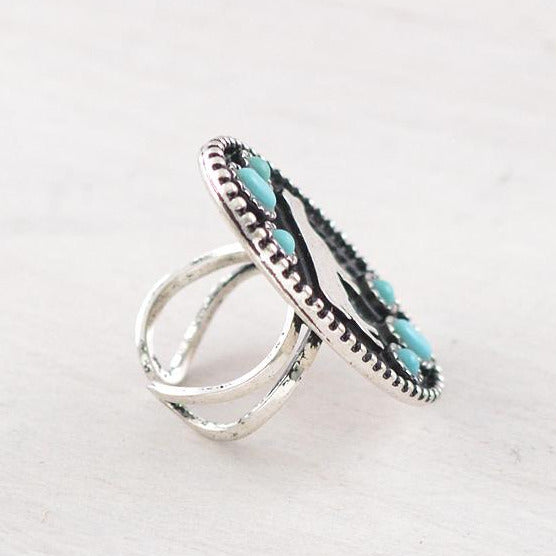 Western Style Turquoise Silver Cow Ring